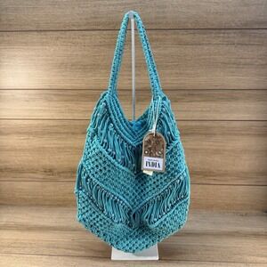 NWT Made in India Crochet Macrame Beaded Shoulder Bag Tote Purse Aqua Blue